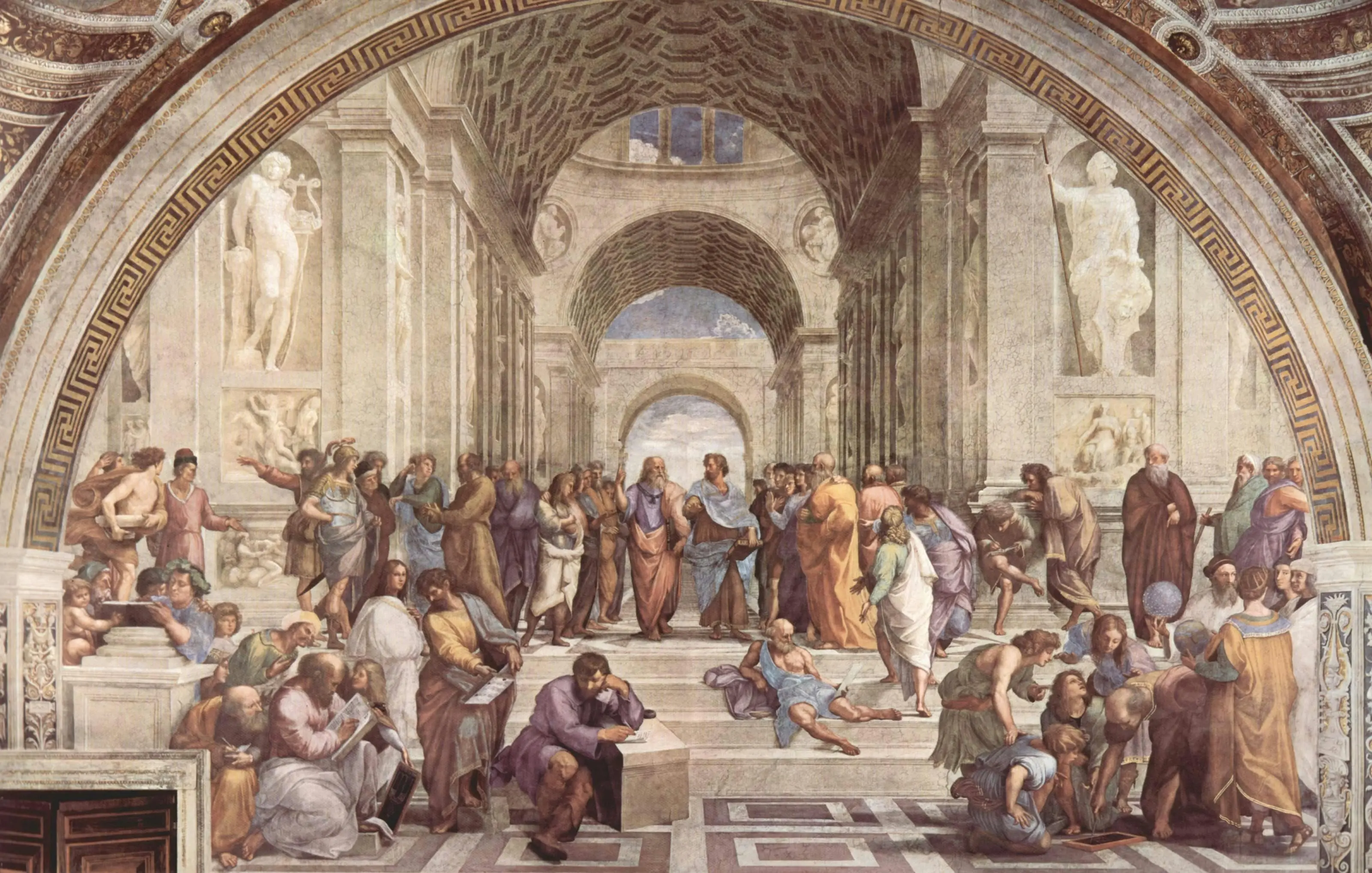 The School of Athens fresco by Raphael, depicting ancient philosophers such as Plato and Aristotle surrounded by scholars, set in a grand classical architectural hall with arches, columns, and marble statues.